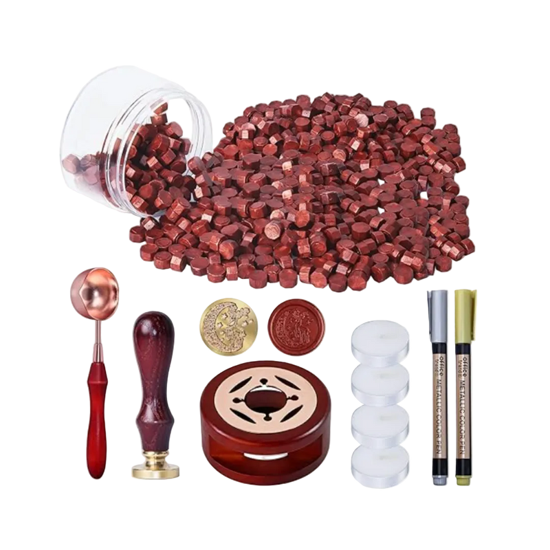 Collection of wax sealing tools including a jar of red sealing wax, a spoon, a seal, and other accessories on a white background.