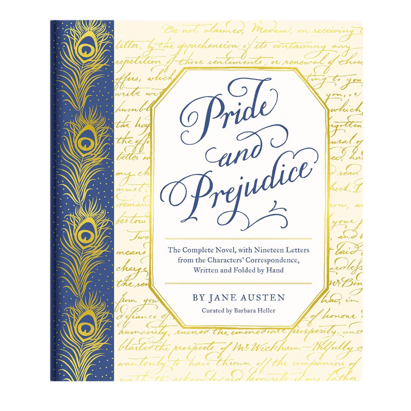 Book cover of 'Pride and Prejudice' with peacock feather design on a white background