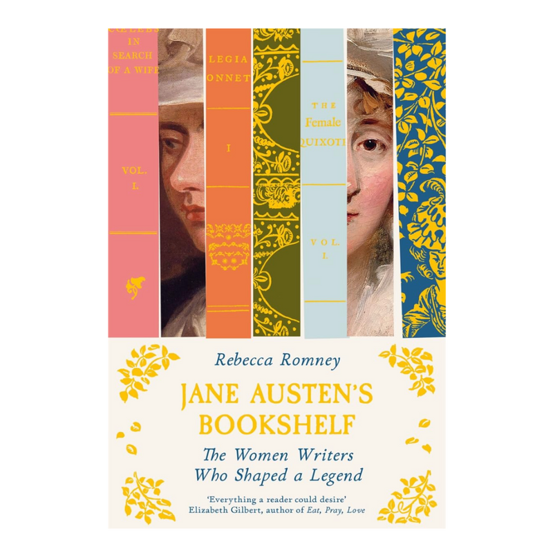 Book cover of 'Jane Austen's Bookshelf' by Rebecca Romney with colorful design elements.